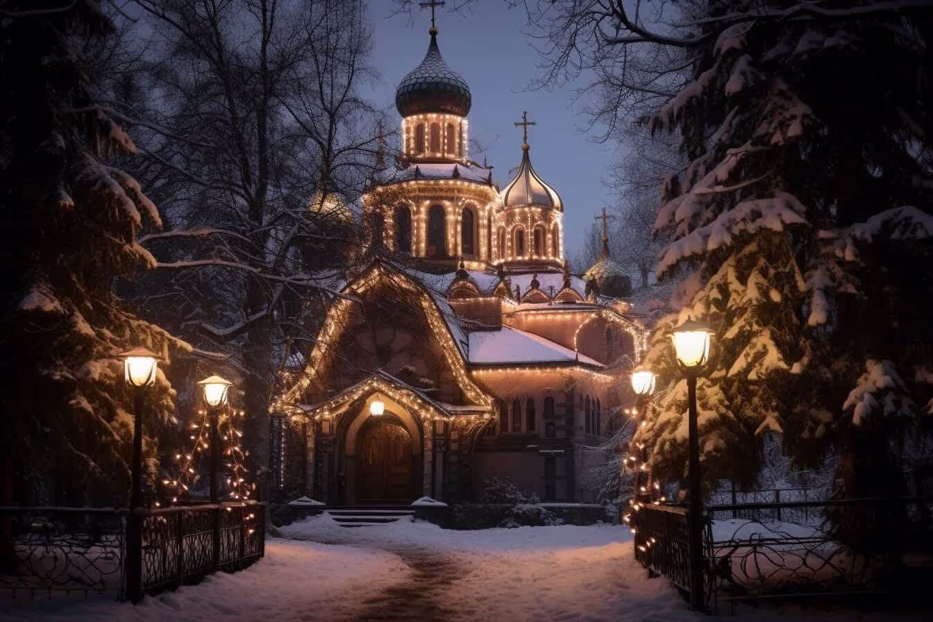 Interior of an Orthodox church decorated for Christmas